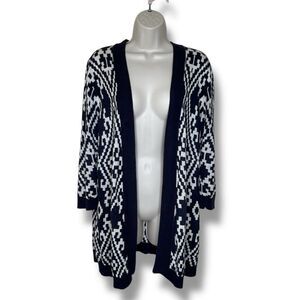Talbots Linen Blue Cream Geometric Open Front Lightweight Cardigan Women Large